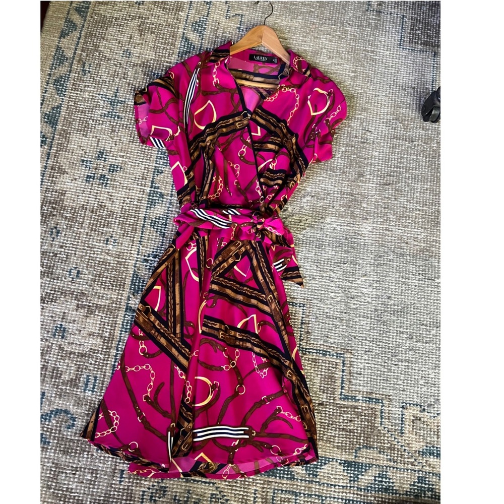 Lauren Ralph Lauren Pink Equestrian Belted Crepe Dress Heritage Chain Print 8
